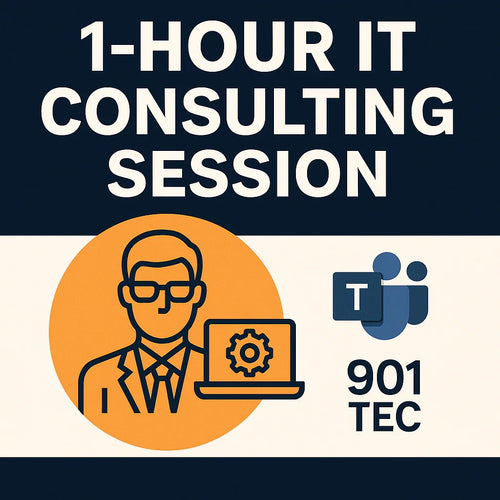 1-hour IT consulting session graphic with consultant icon, laptop, and Microsoft Teams logo.