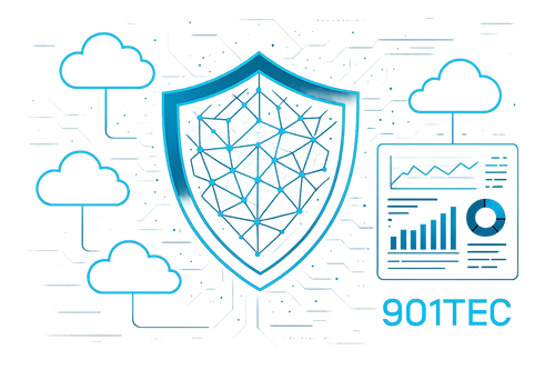 Digital shield with network nodes, cloud icons, and data dashboard representing advanced cloud security