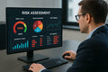 IT analyst reviewing digital risk assessment dashboard with charts and threat data on a monitor.