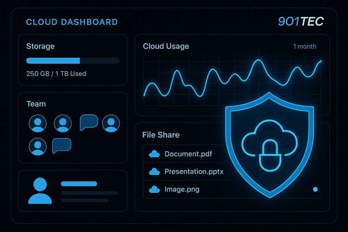 Cloud management dashboard with storage stats, team icons, file sharing, and security shield