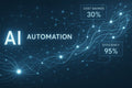 AI automation concept with glowing lines, cost savings 30% and efficiency 95% metrics