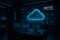 Futuristic office with cloud computing dashboard, analytics charts, and AI-powered cloud service displays