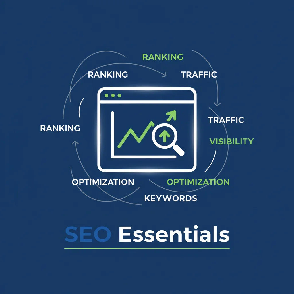 SEO essentials graphic with chart, keywords, ranking, optimization, traffic, visibility on blue background