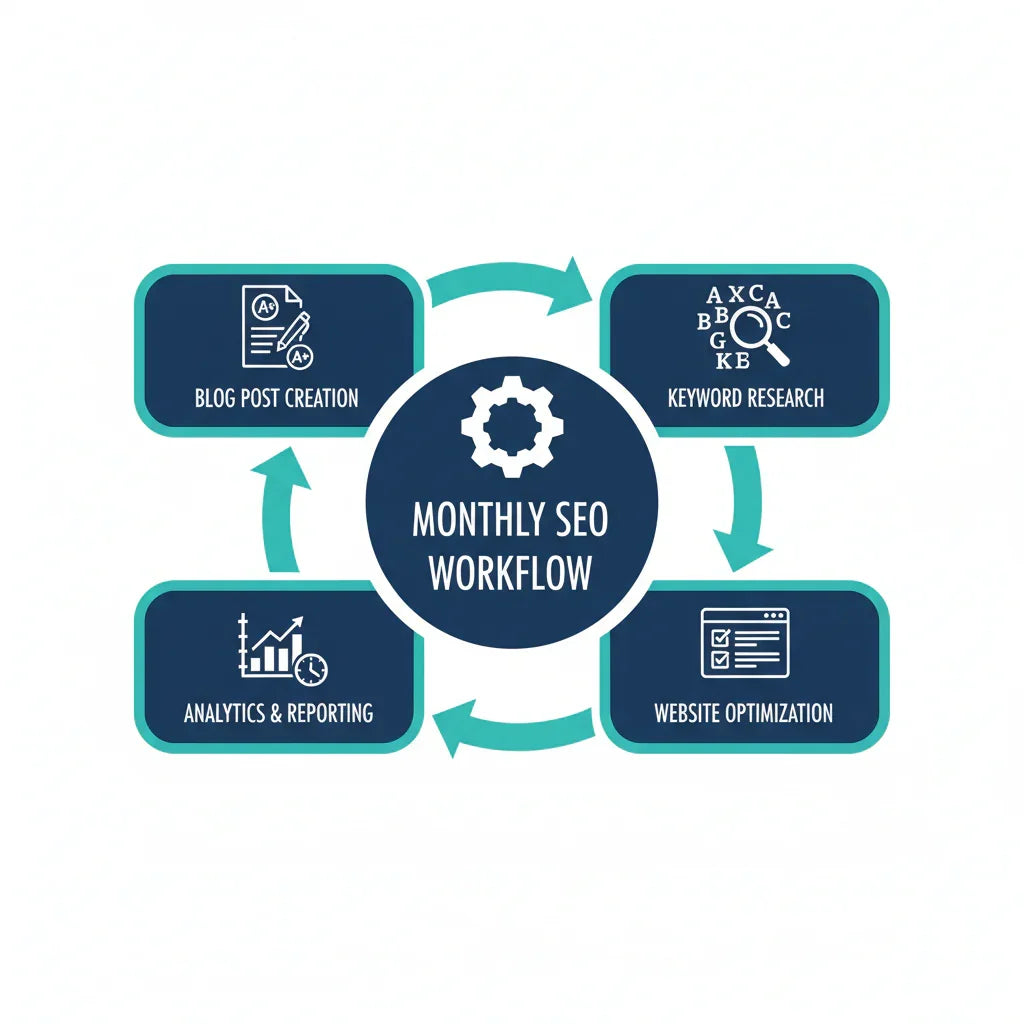 Monthly SEO workflow diagram showing keyword research, website optimization, blog post creation, and analytics.