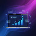 Laptop displaying SEO growth chart and search engine ranking icons on dark background
